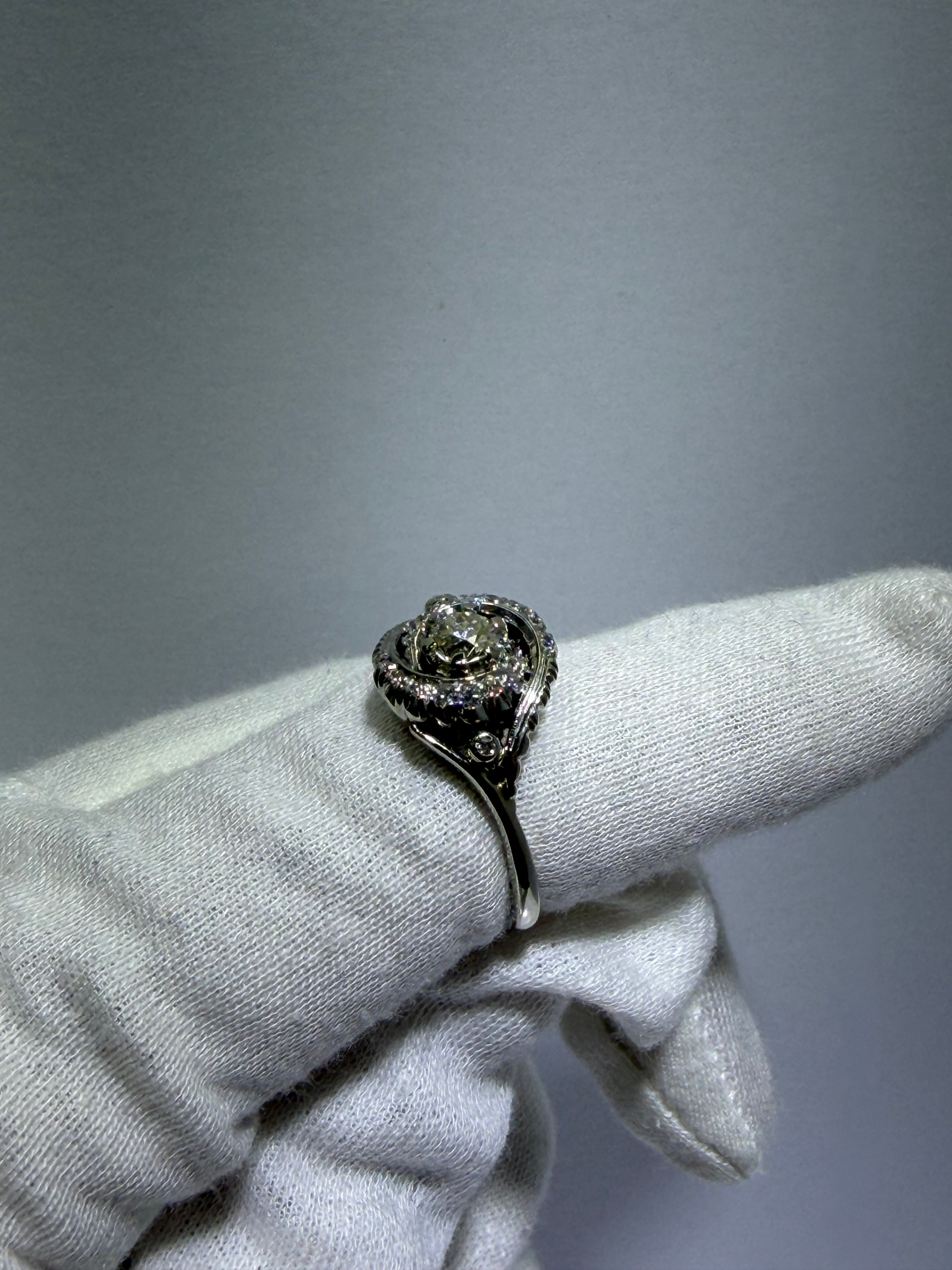 Antique Art Deco 18K White Gold Bypass Ring with 0.48ct Old European Cut Diamond, circa 1930–1940