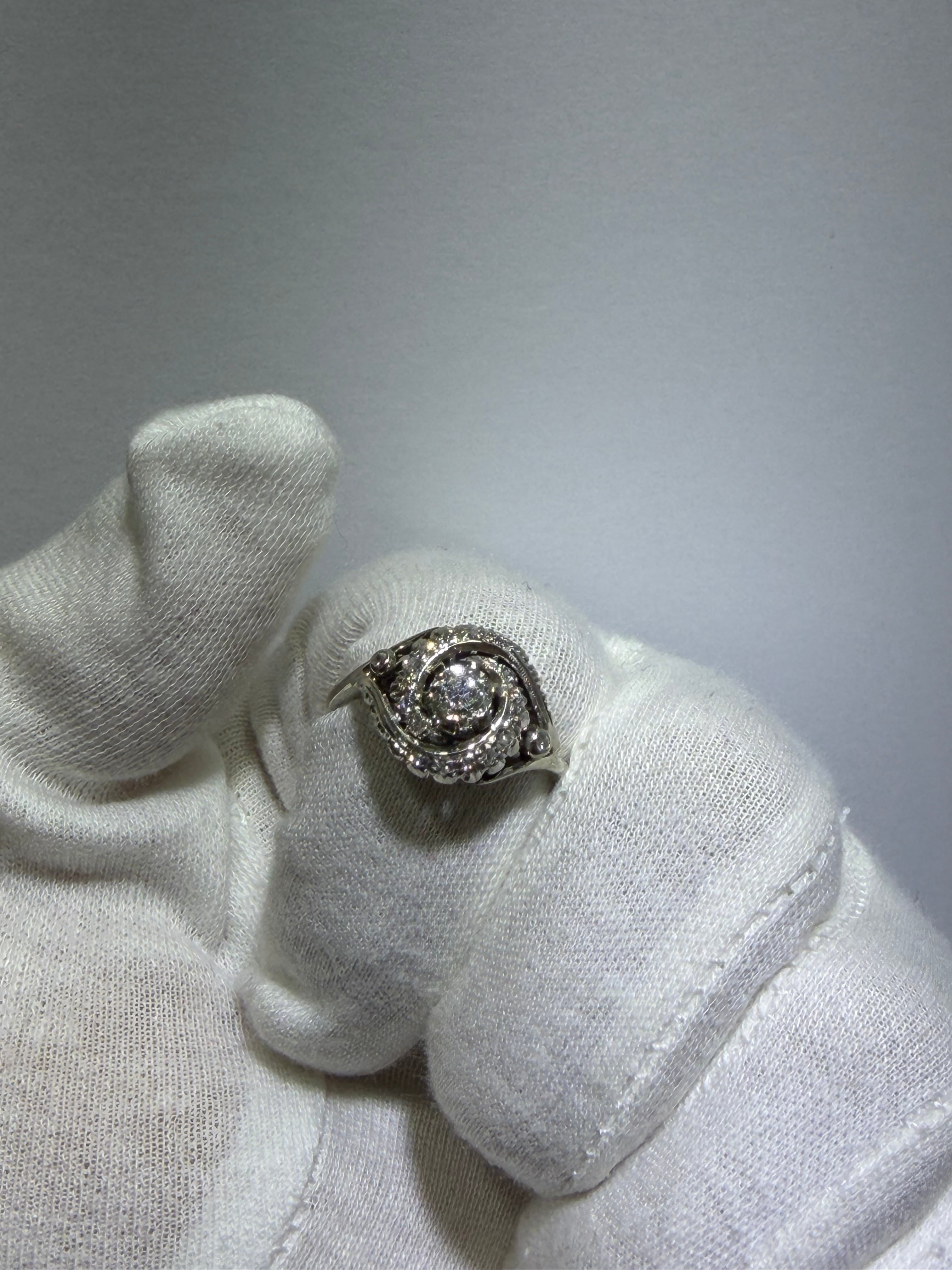 Antique Art Deco 18K White Gold Bypass Ring with 0.48ct Old European Cut Diamond, circa 1930–1940