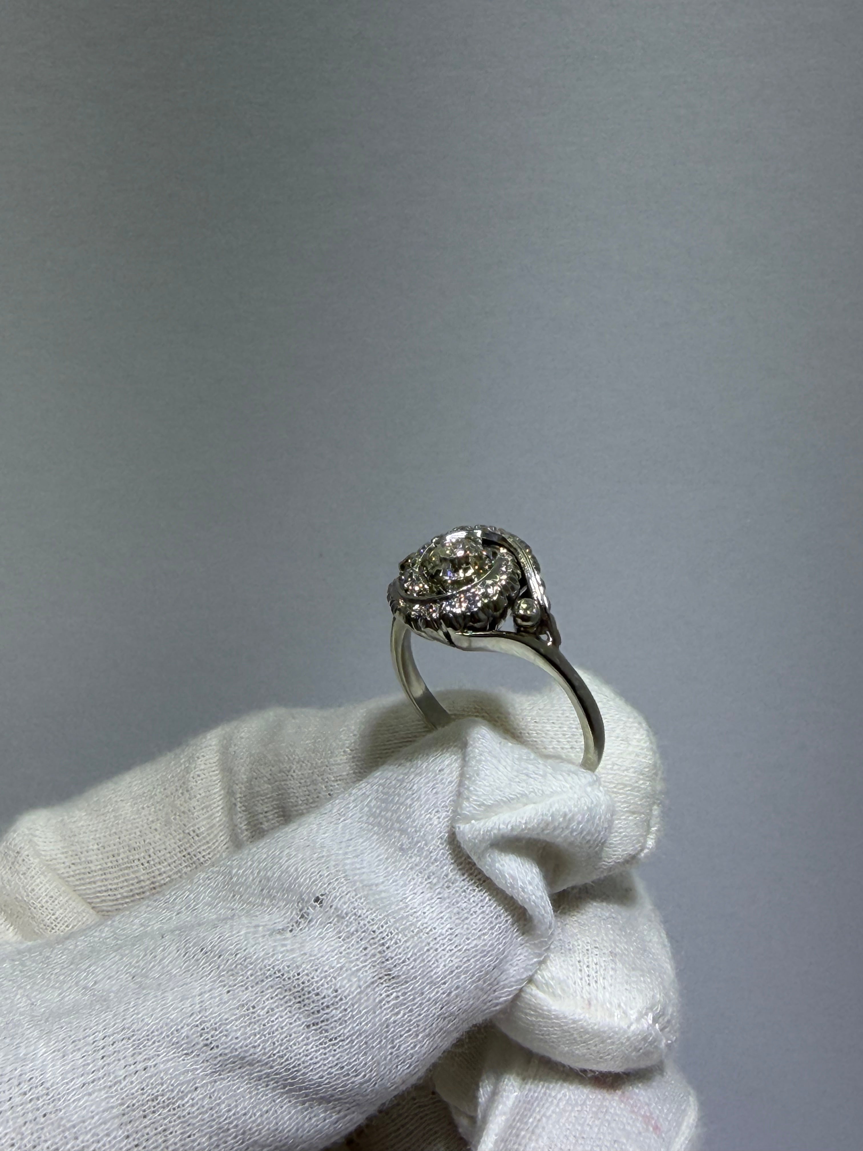 Antique Art Deco 18K White Gold Bypass Ring with 0.48ct Old European Cut Diamond, circa 1930–1940