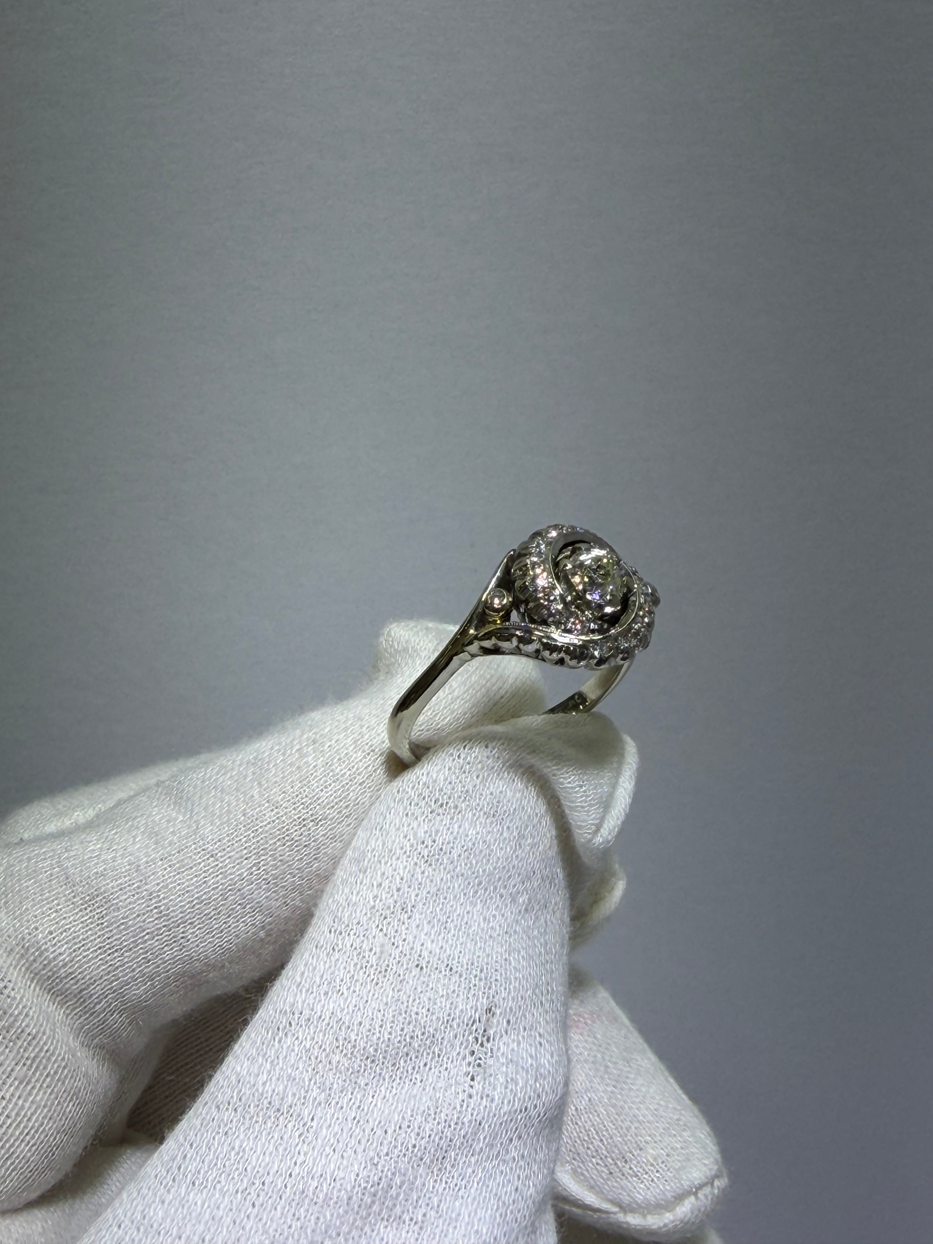 Antique Art Deco 18K White Gold Bypass Ring with 0.48ct Old European Cut Diamond, circa 1930–1940