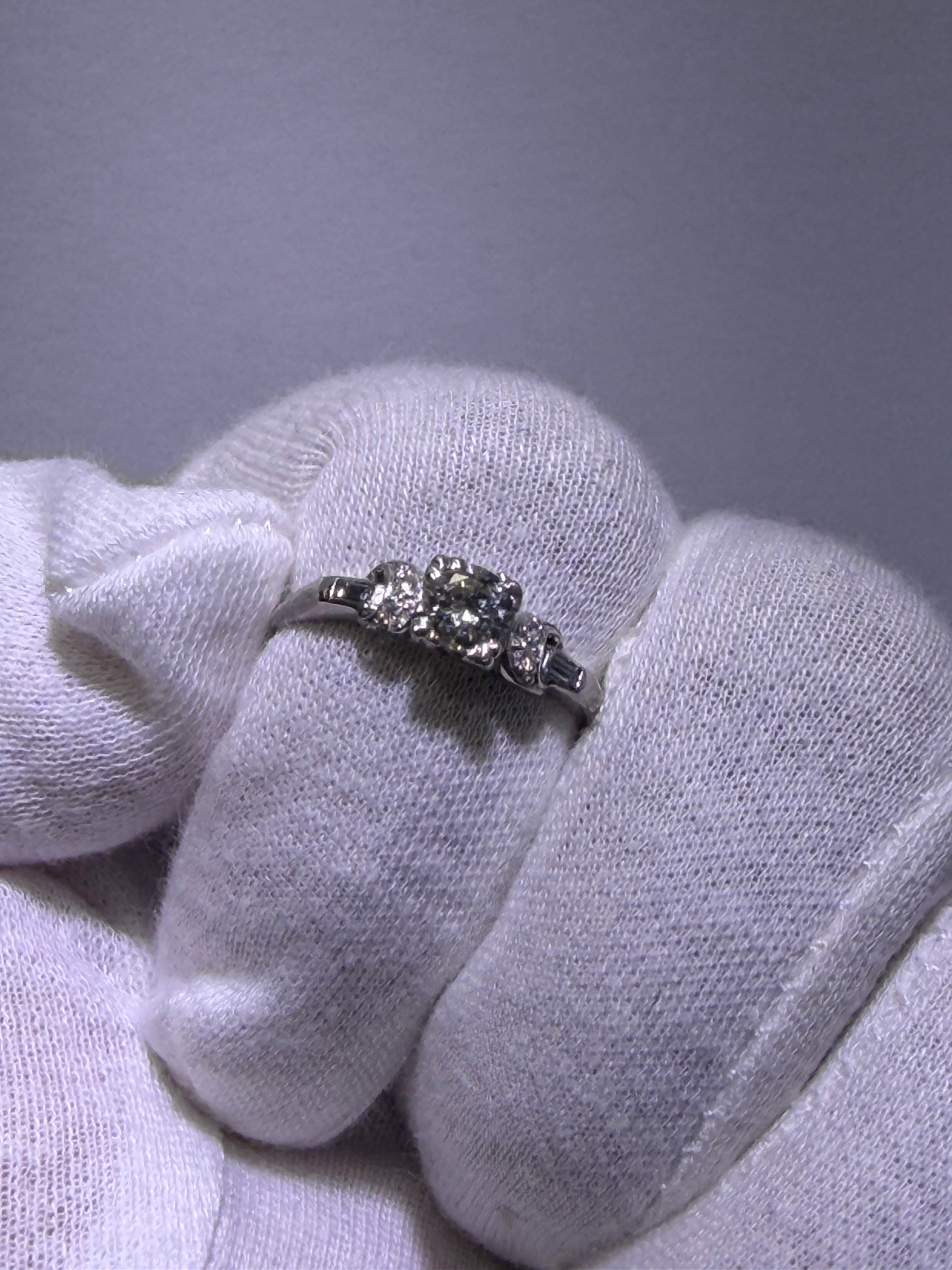 Antique Art Deco Platinum Three-Stone Ring with 0.43ct Old European Cut Diamond & Baguette Accents, circa 1928–1941