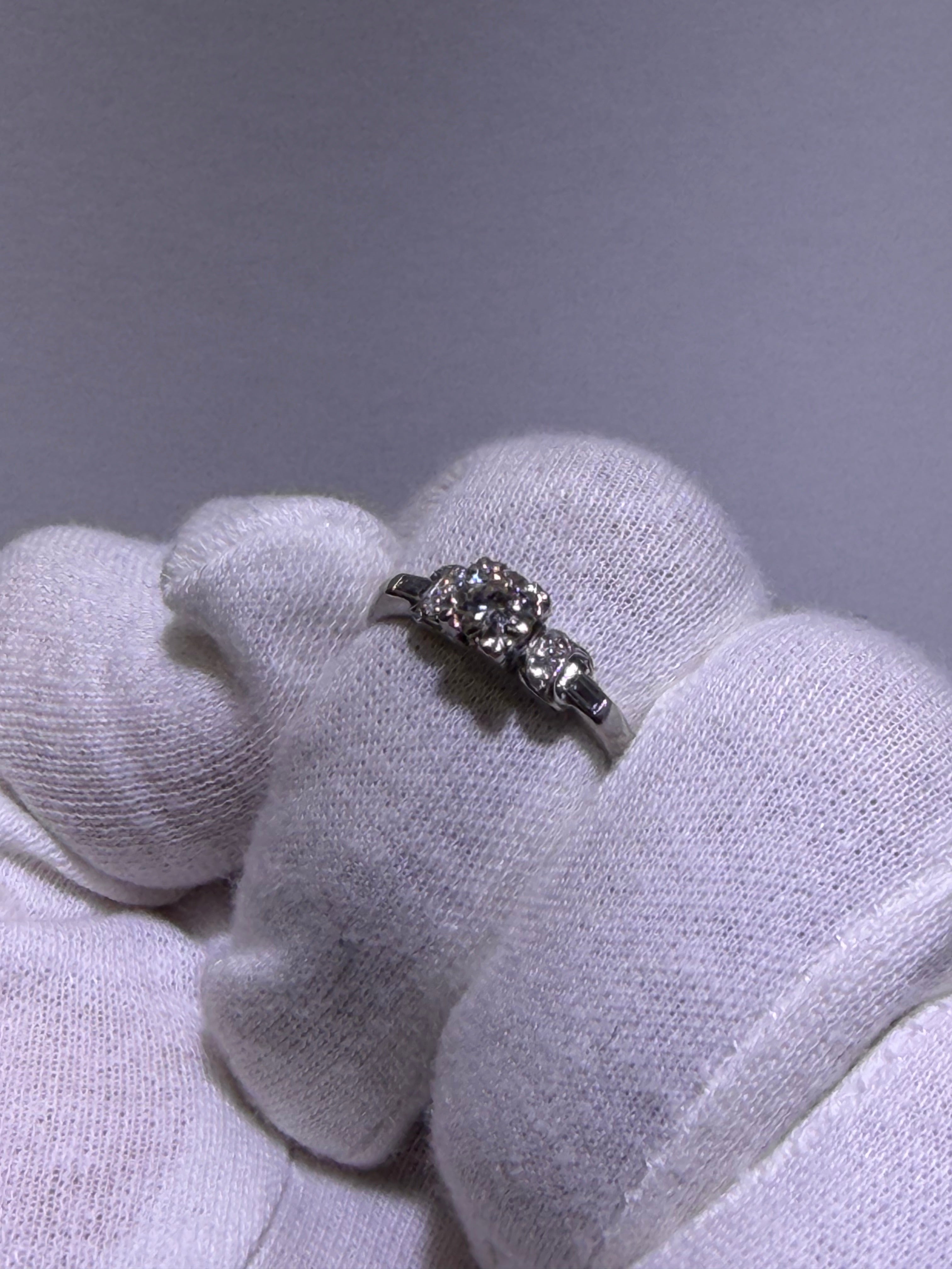 Antique Art Deco Platinum Three-Stone Ring with 0.43ct Old European Cut Diamond & Baguette Accents, circa 1928–1941