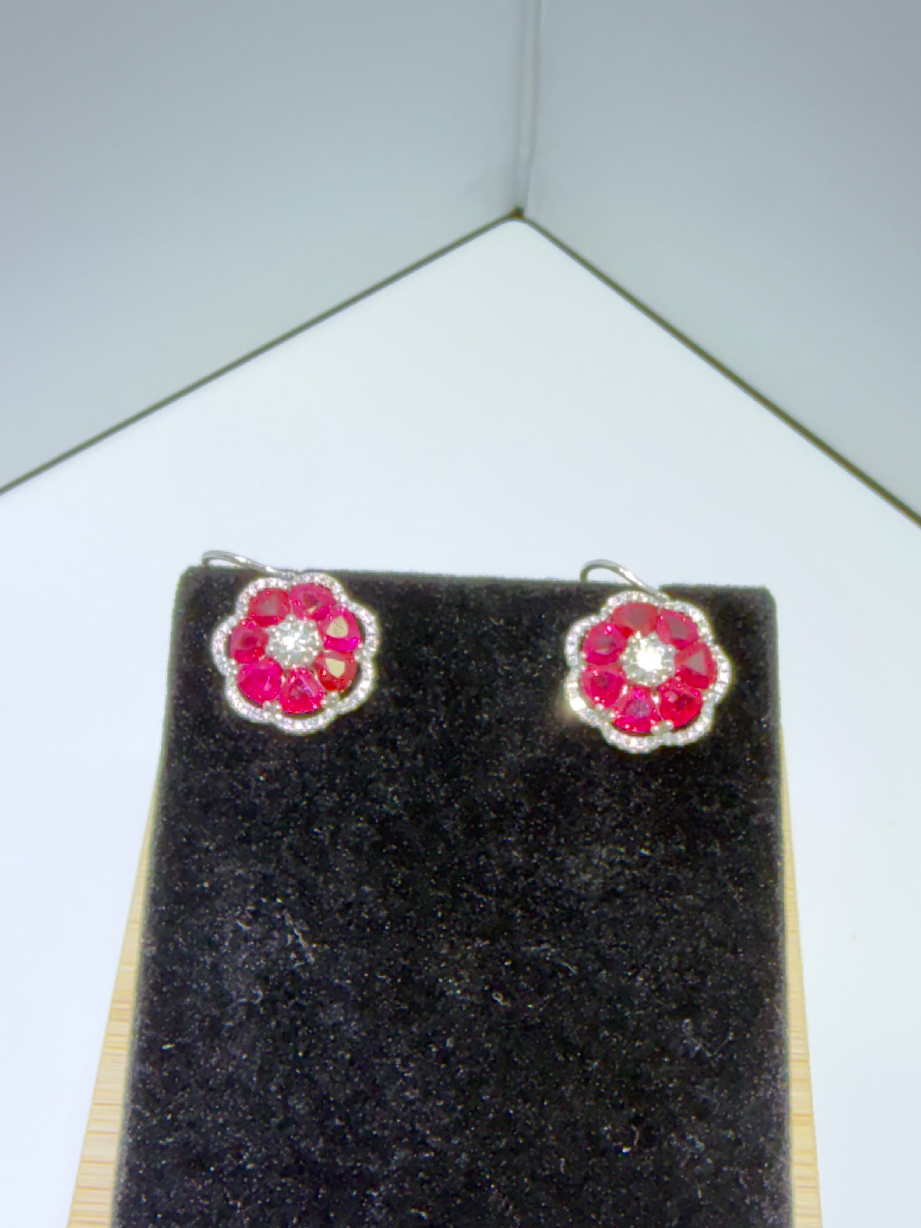 Natural Burmese Ruby & Diamond Floral Earrings in 18K White Gold, 6.63 CTW