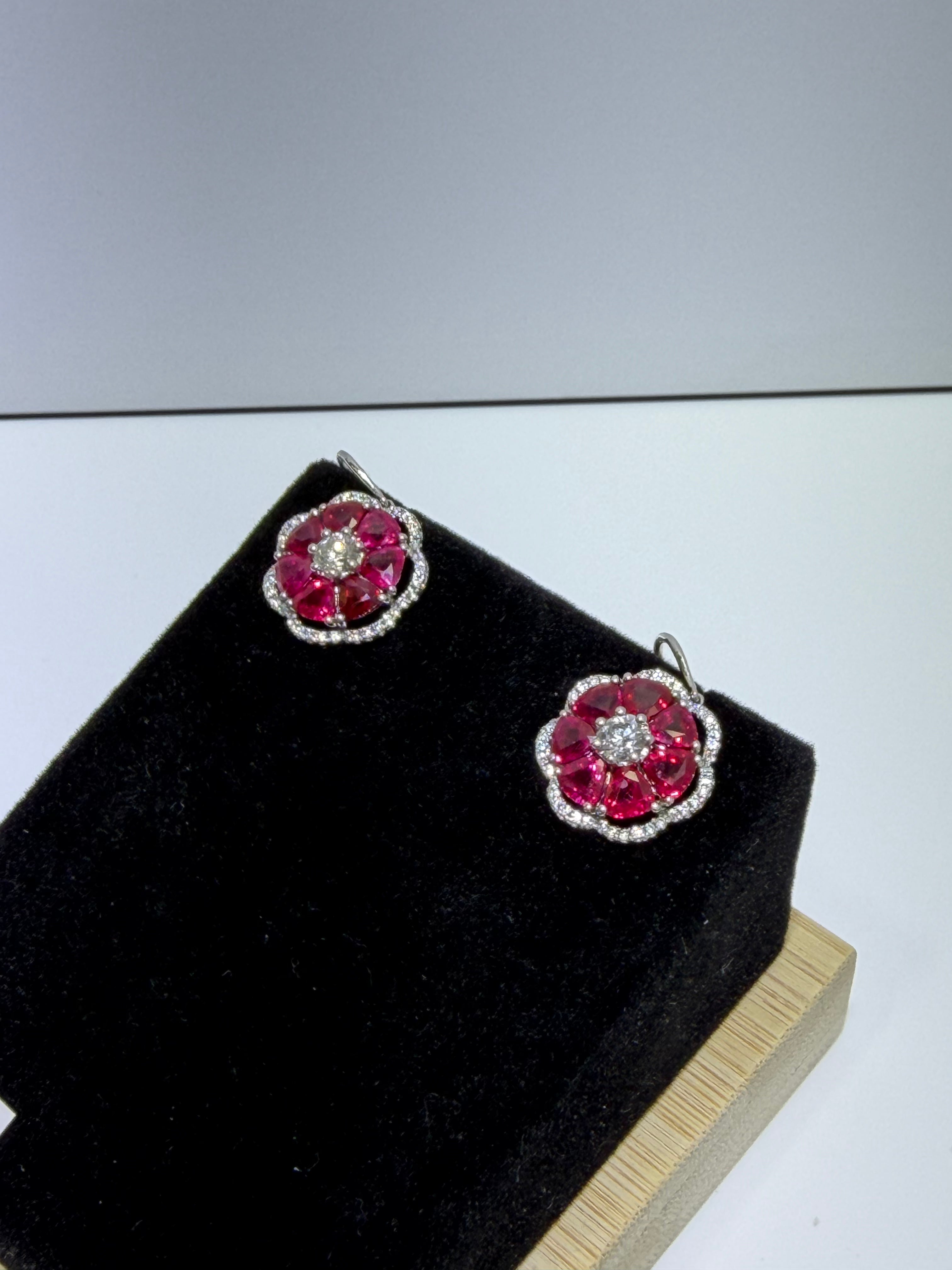 Natural Burmese Ruby & Diamond Floral Earrings in 18K White Gold, 6.63 CTW