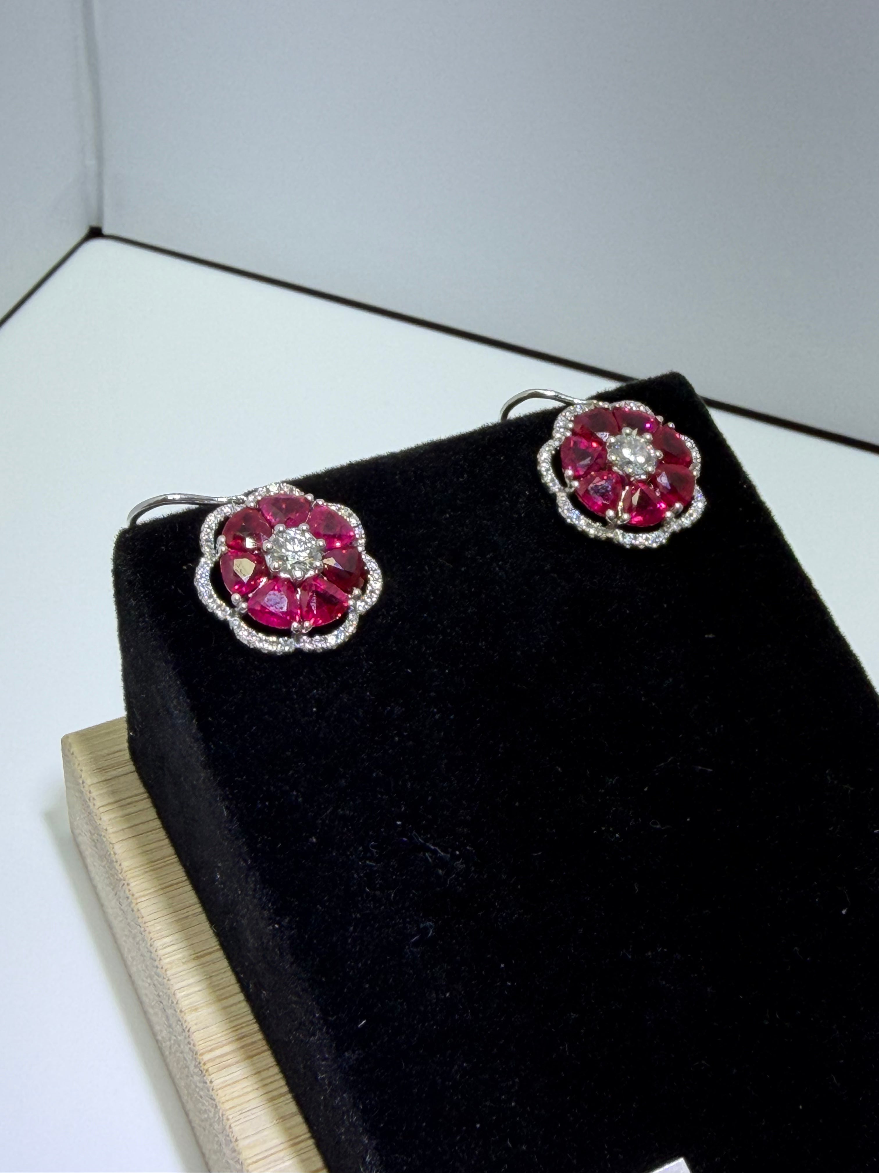 Natural Burmese Ruby & Diamond Floral Earrings in 18K White Gold, 6.63 CTW