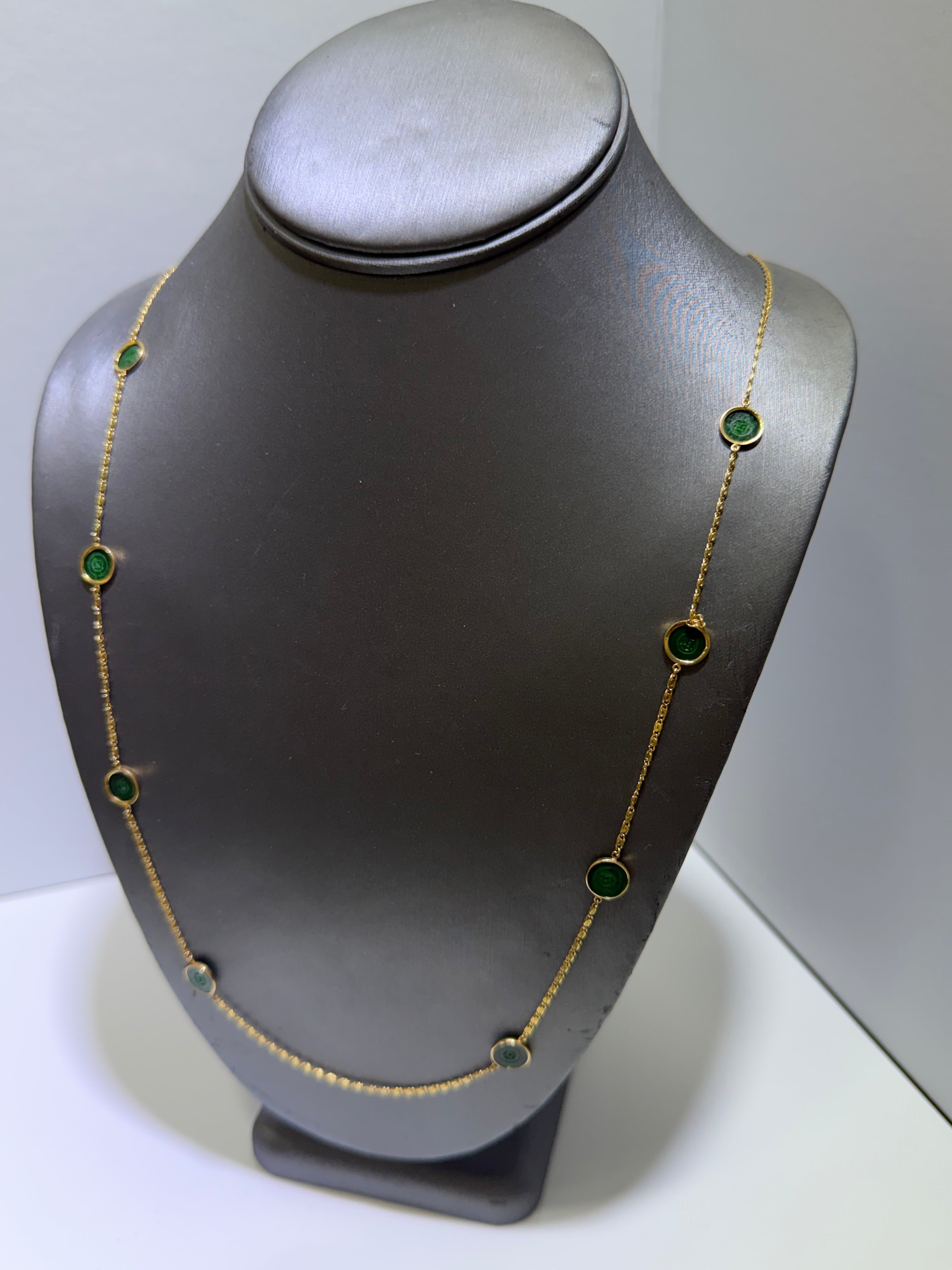 Natural Jadeite Jade Coin Necklace in 14K Yellow Gold, 8 Green Jade Pieces, 26–27"