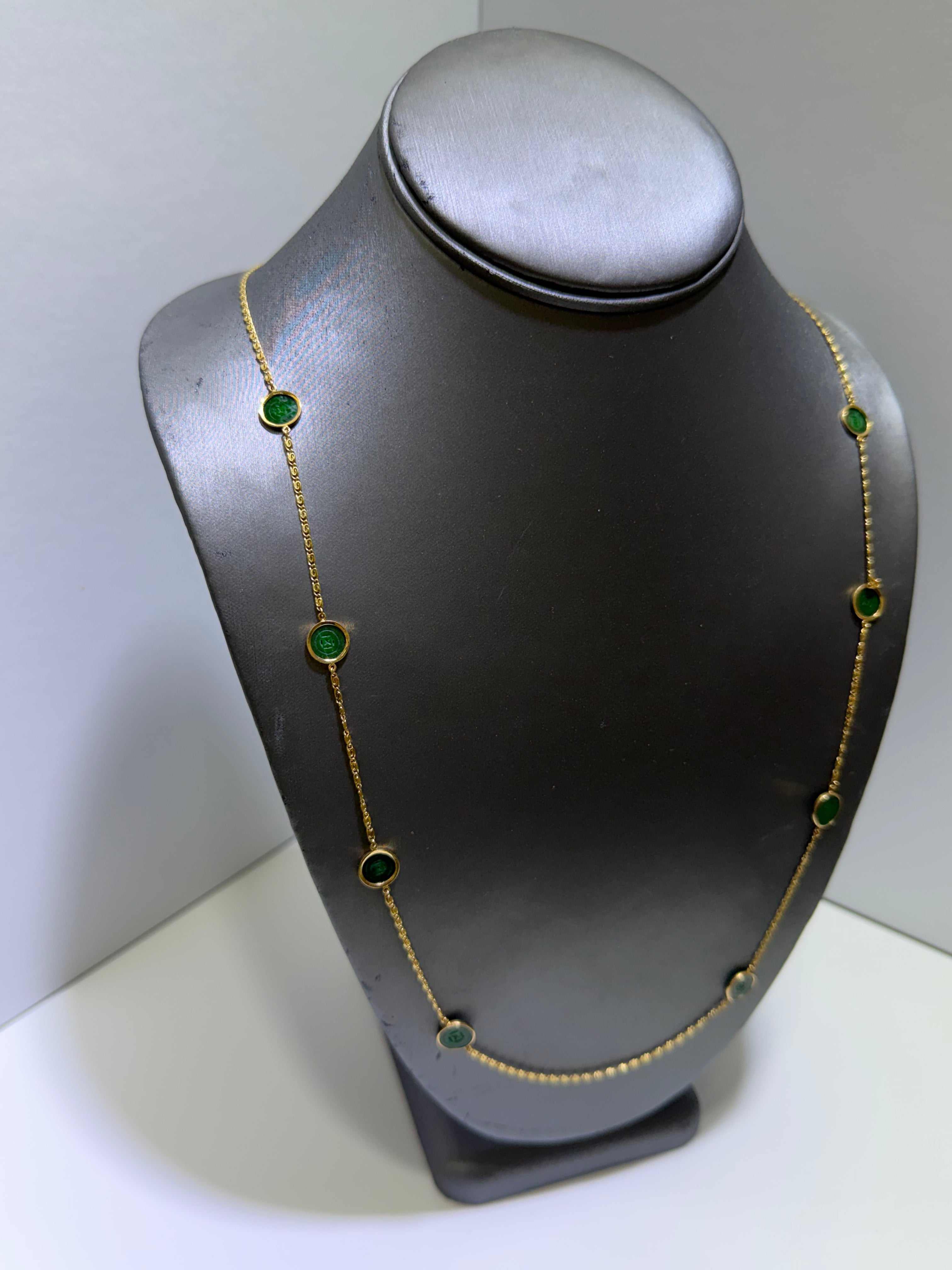 Natural Jadeite Jade Coin Necklace in 14K Yellow Gold, 8 Green Jade Pieces, 26–27"