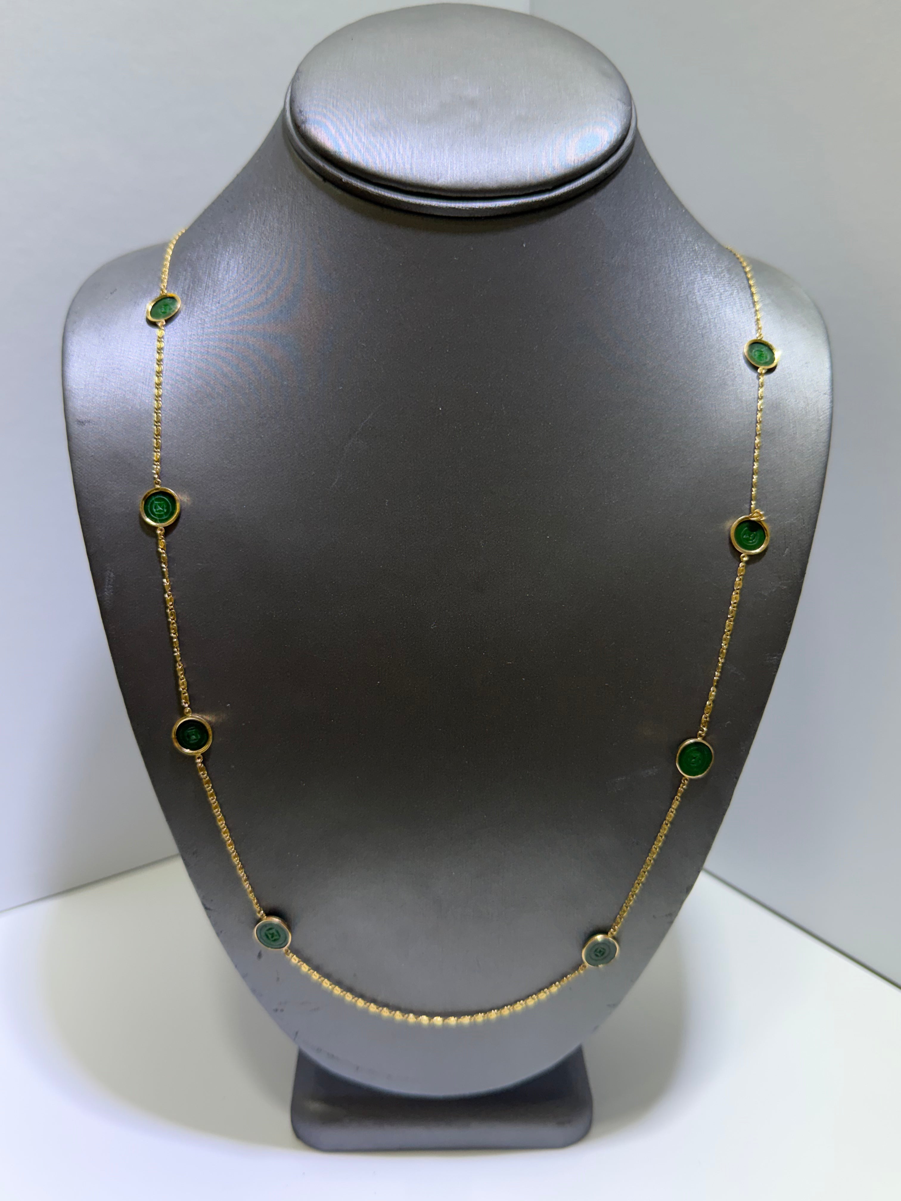 Natural Jadeite Jade Coin Necklace in 14K Yellow Gold, 8 Green Jade Pieces, 26–27"