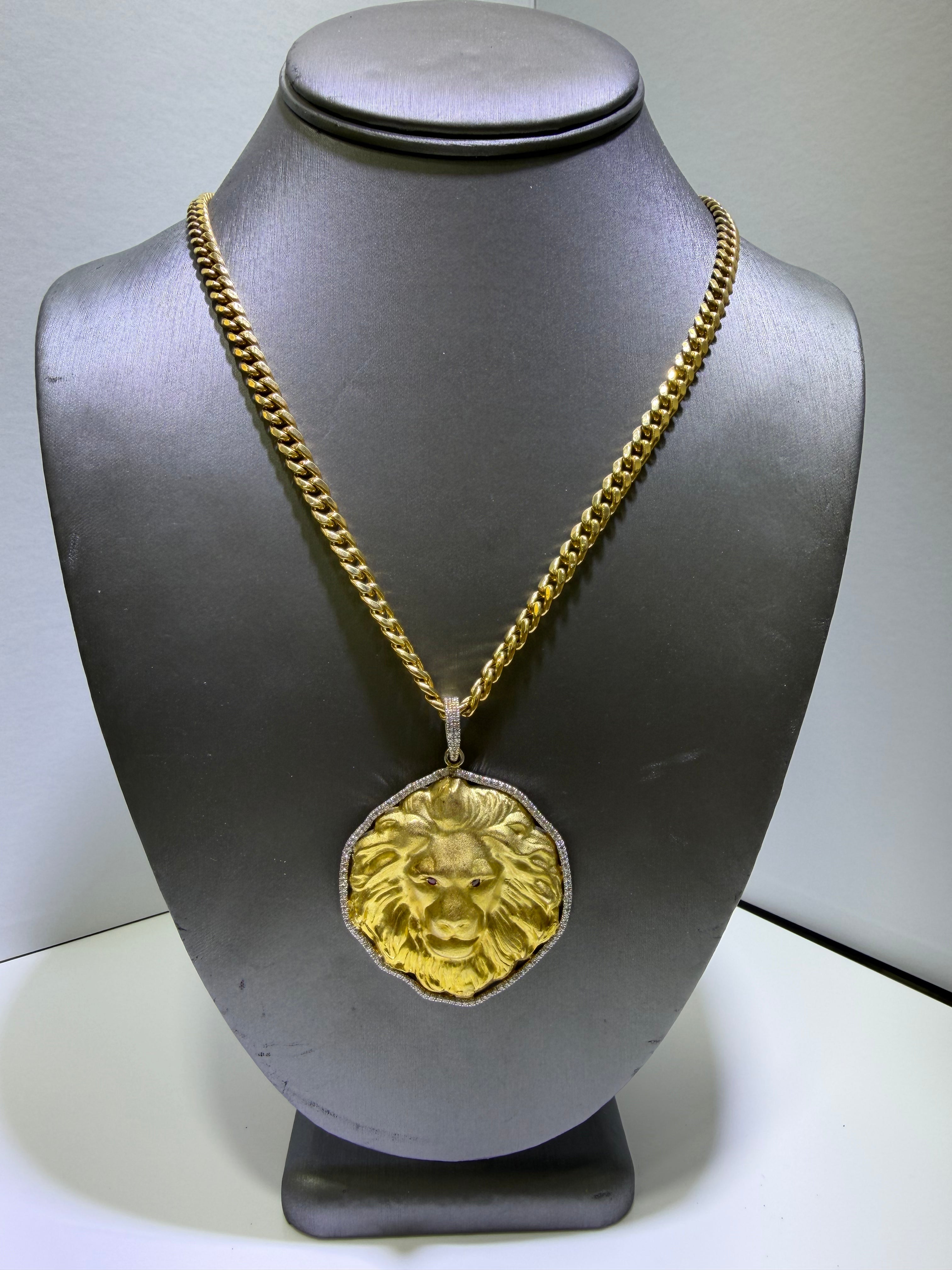 14K Yellow Gold Lion Head Pendant with 0.96 CT Natural Diamonds & Natural Ruby Eyes