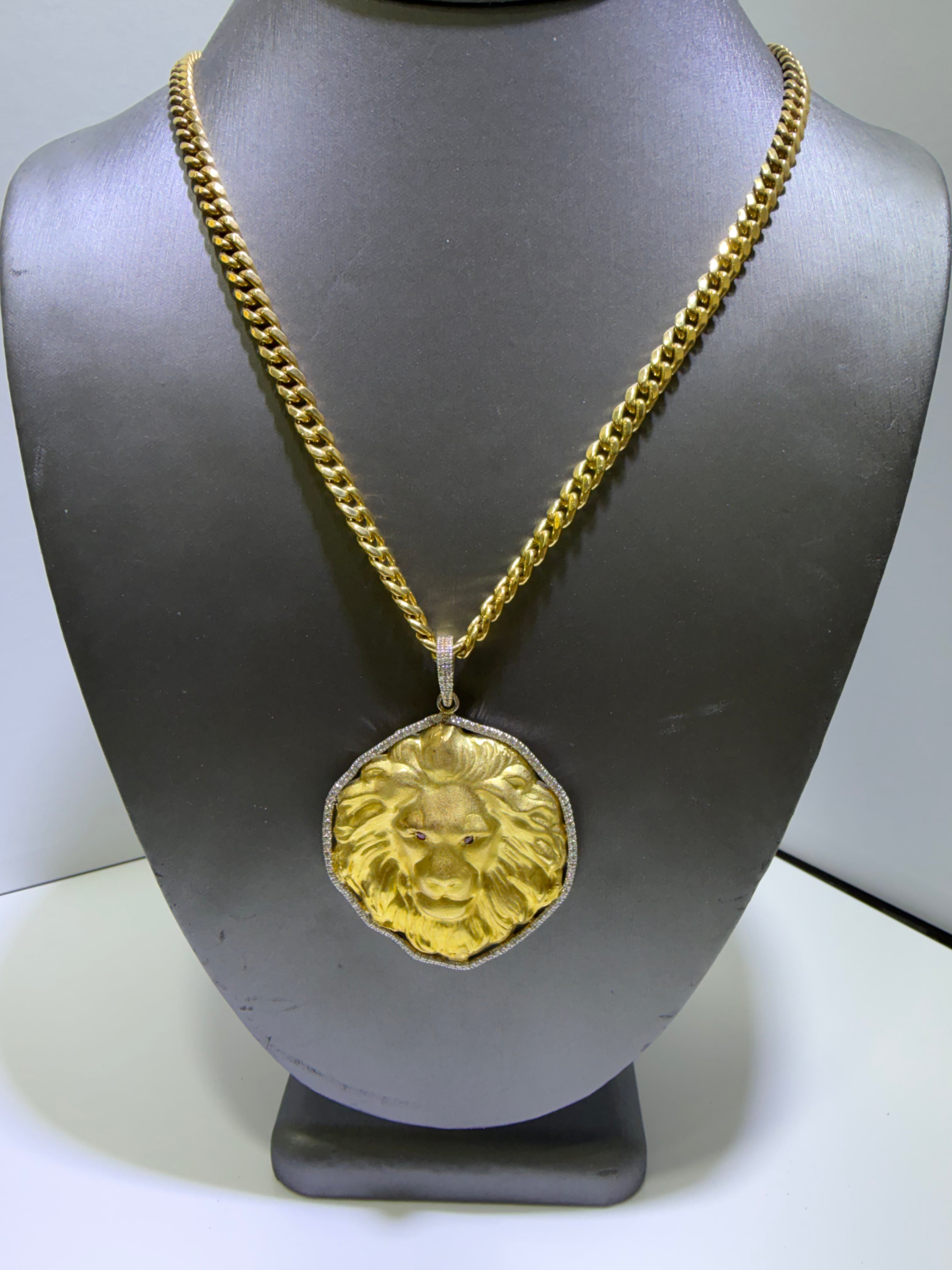 14K Yellow Gold Lion Head Pendant with 0.96 CT Natural Diamonds & Natural Ruby Eyes