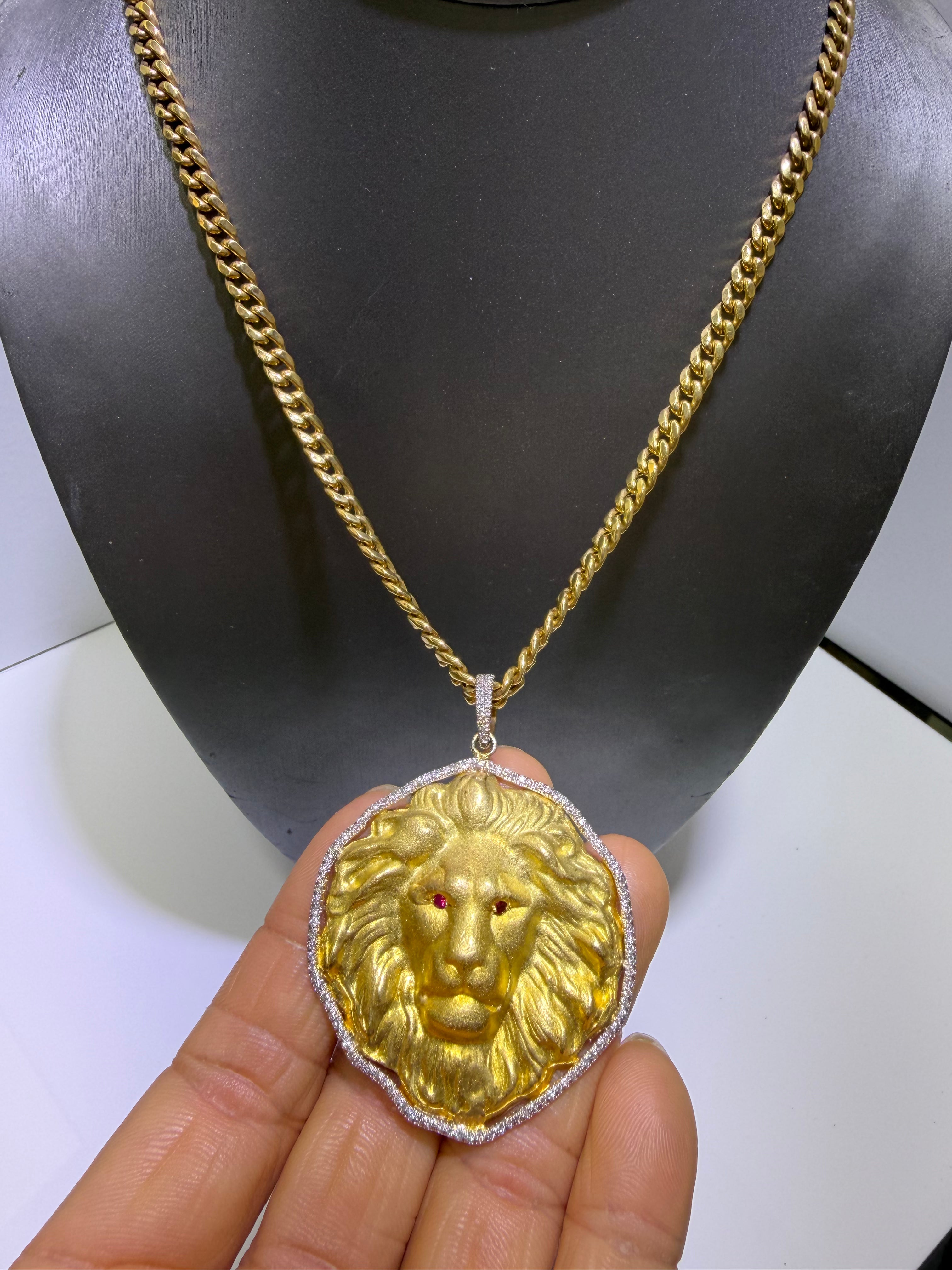 14K Yellow Gold Lion Head Pendant with 0.96 CT Natural Diamonds & Natural Ruby Eyes