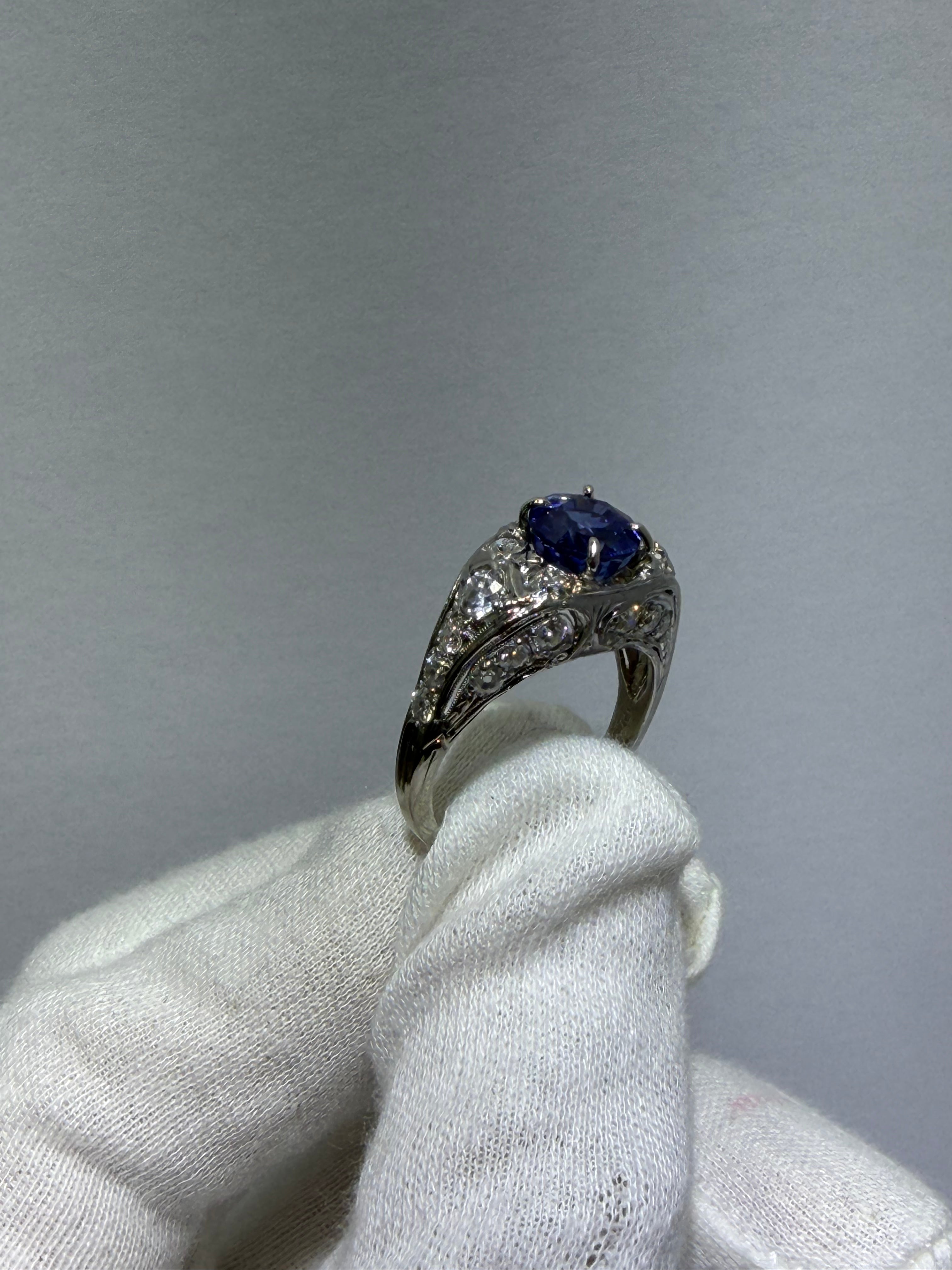 Antique Edwardian 3.19 ct Sri Lankan Sapphire & Diamond Platinum Ring, c. 1910